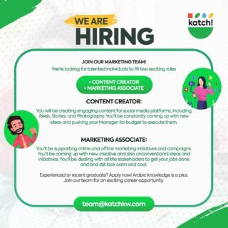 Katch! Is hiring…Apply today!
@katchkw @katchmartkw #jobsme #jobsmekwt #contentcreator #marketingonline #jobsinkuwait #kuwaitjobs #jobsearch #digitalmarketing #kuwait #kuwaitnews